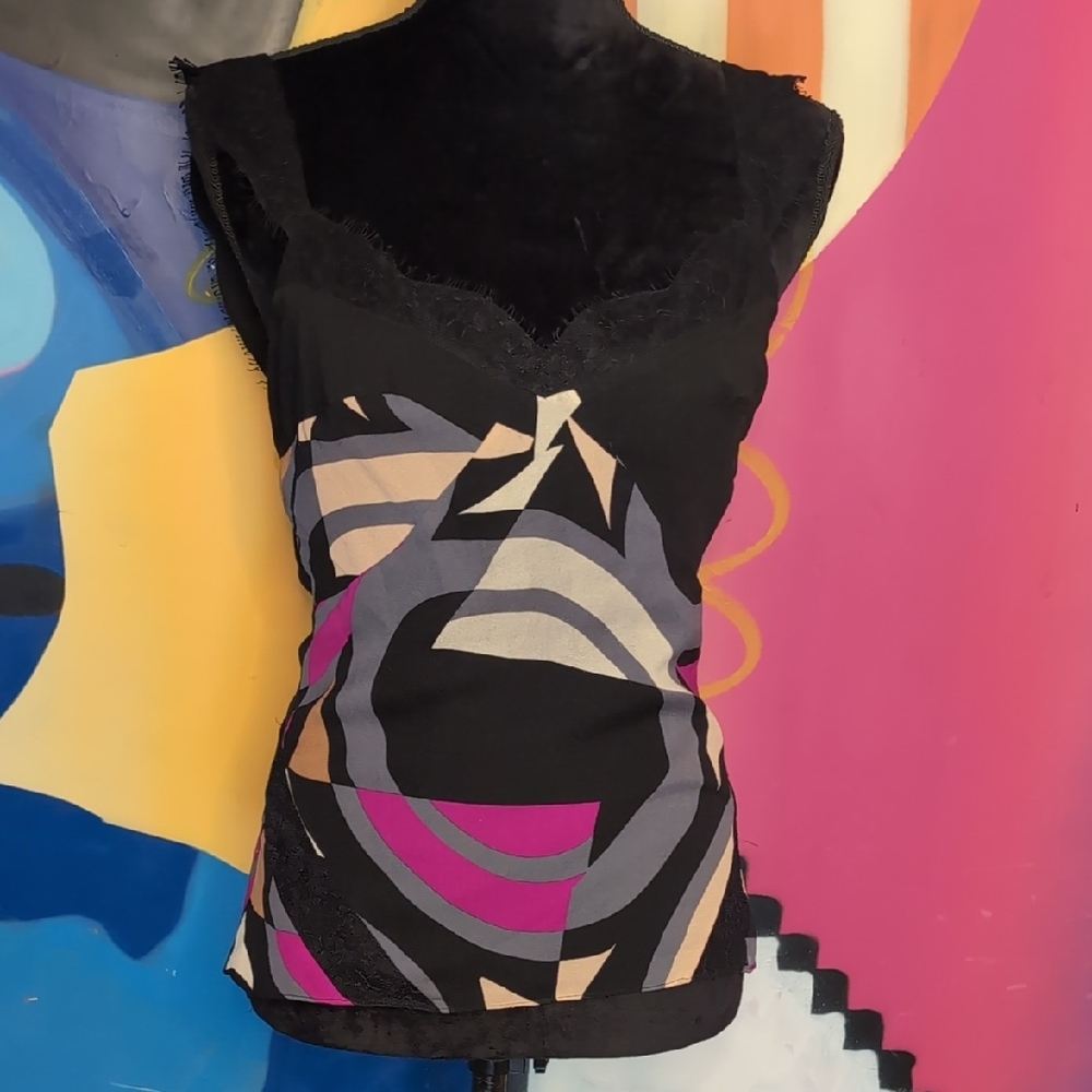 Diane Von Furstenberg Black and Gray Fitted Graphic Camisole